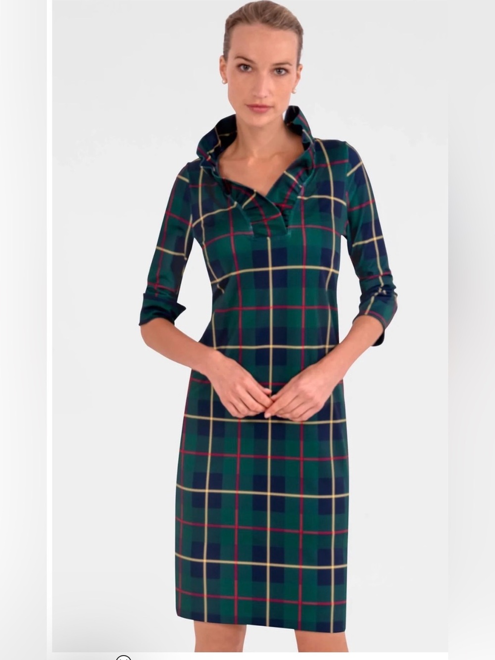Gretchen Scott EUC Womens Size Medium Ruff Neck Dress Plaidly Cooper  3/4 Sleeve
